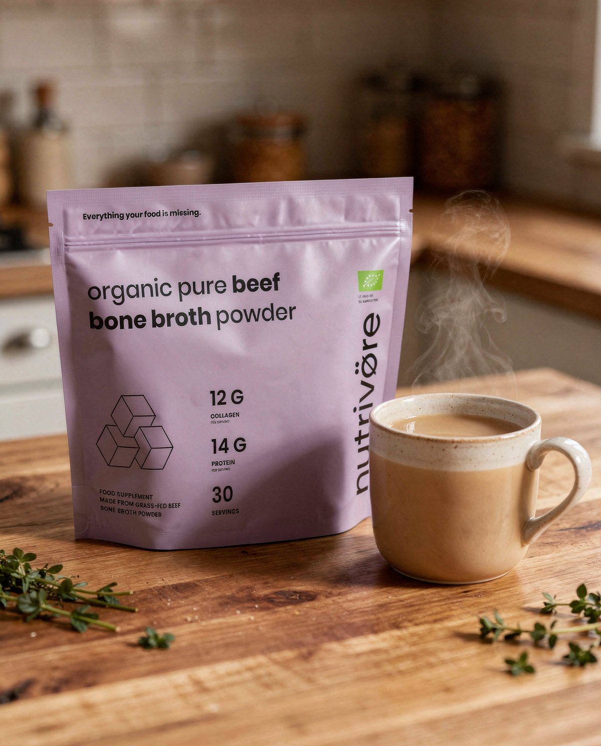 Nutriōteca Bone Broth pouch beside a steaming mug of broth
